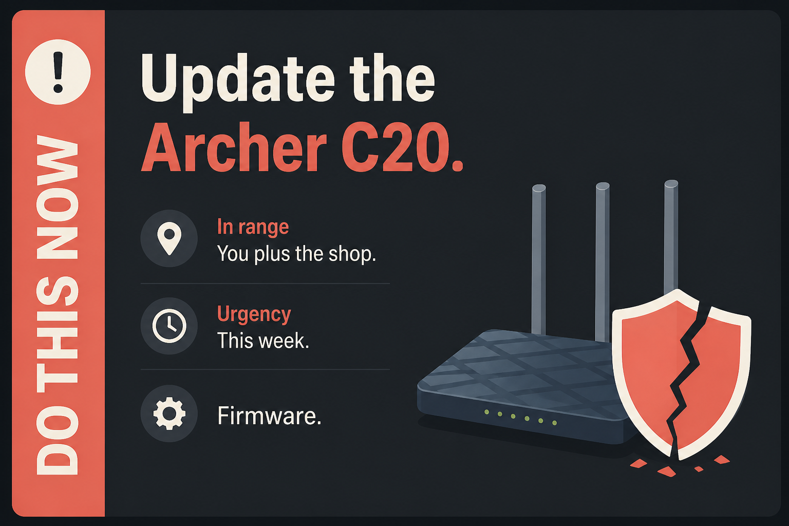 Your Archer C20 can take a command from the admin page. Install 0.9.1 2 Do This Now card: Update the Archer C20, in range You plus the shop, urgency This week, then Firmware