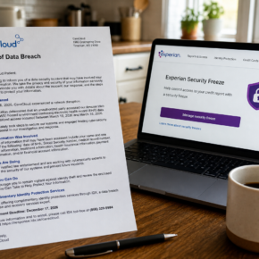 Kitchen table with opened CareCloud data breach notice letter dated 2026, and laptop showing Experian security freeze