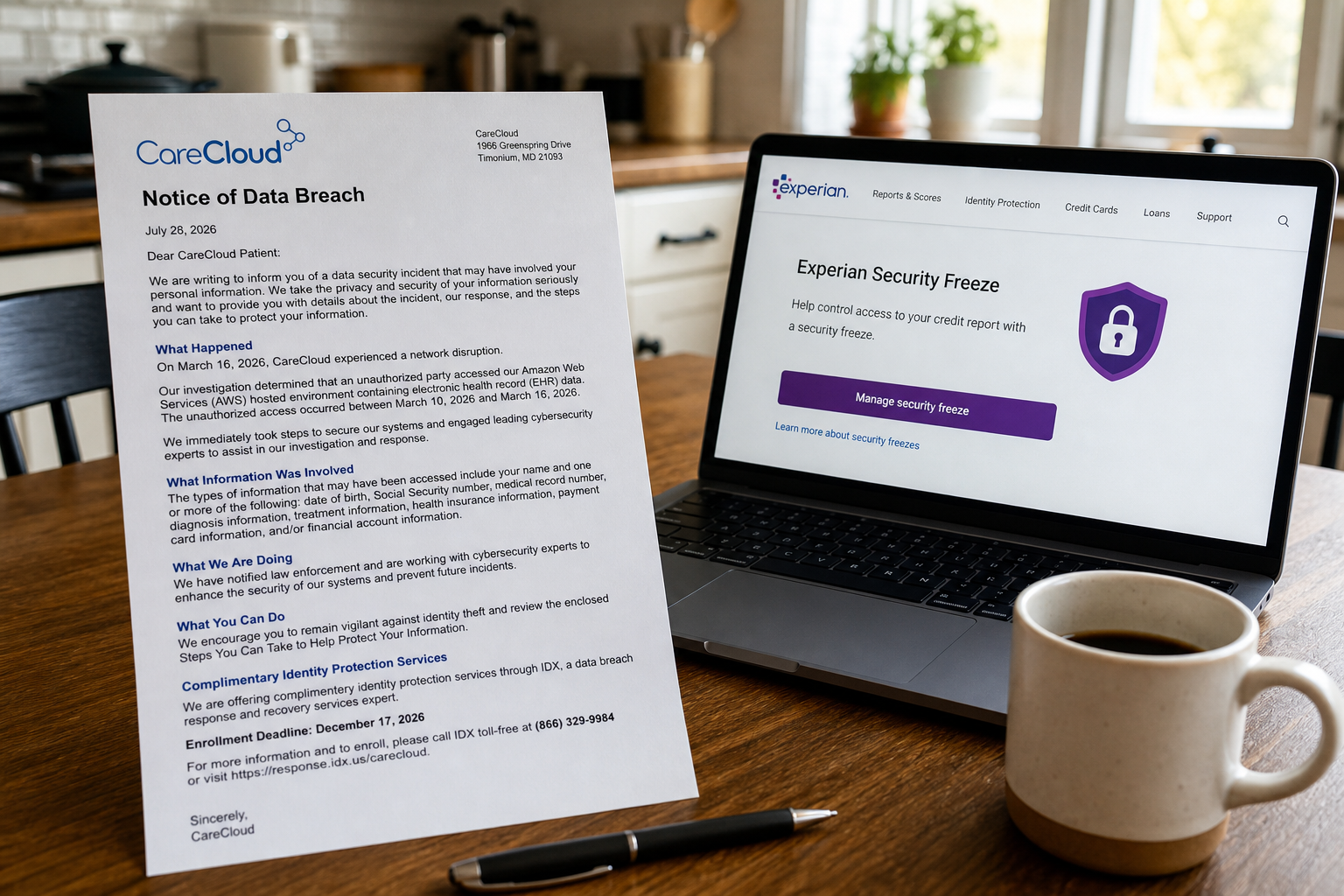 Kitchen table with opened CareCloud data breach notice letter, credit freeze checklist, and laptop showing credit bureau freeze page