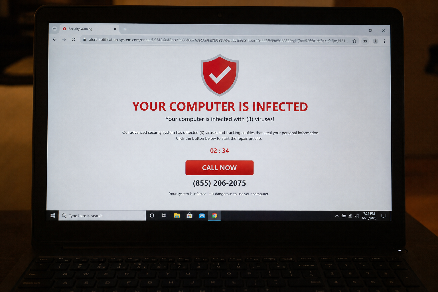 Chrome showing a fake Your computer is infected scare page