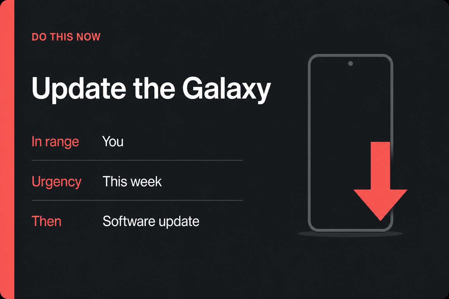 Your Galaxy is a month behind. Install the August security update 2 Do This Now card: Update the Galaxy, in range You, urgency This week, then Software update