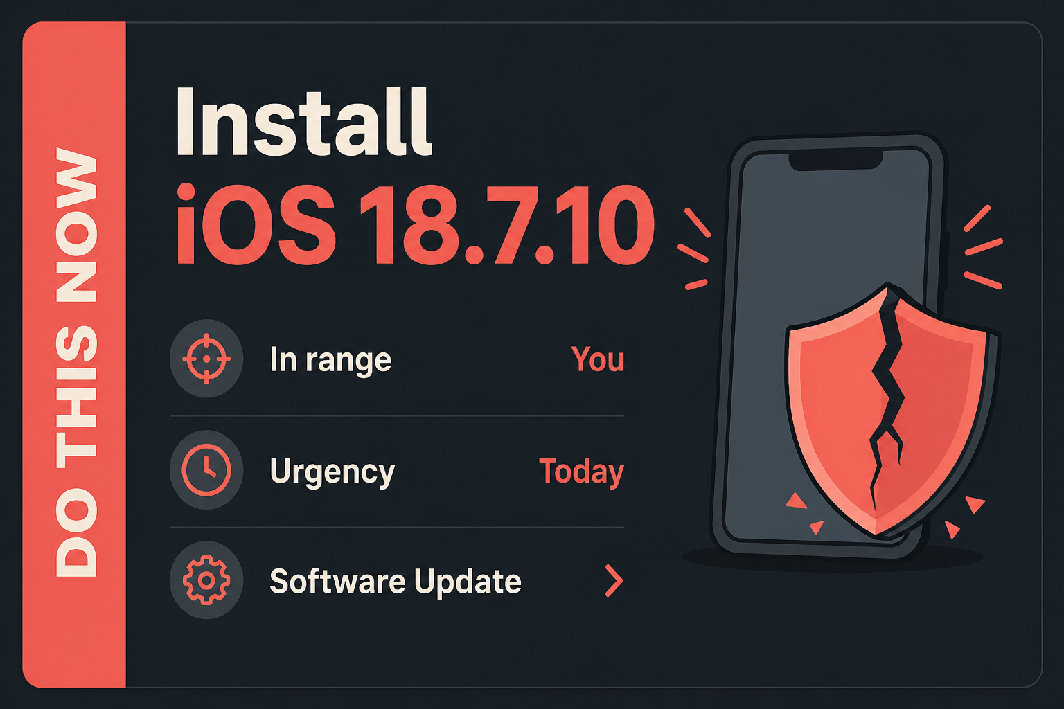 The iPhone XS still needs 18.7.10 2 Do This Now card: Install iOS 18.7.10, in range You, urgency Today, then Software Update