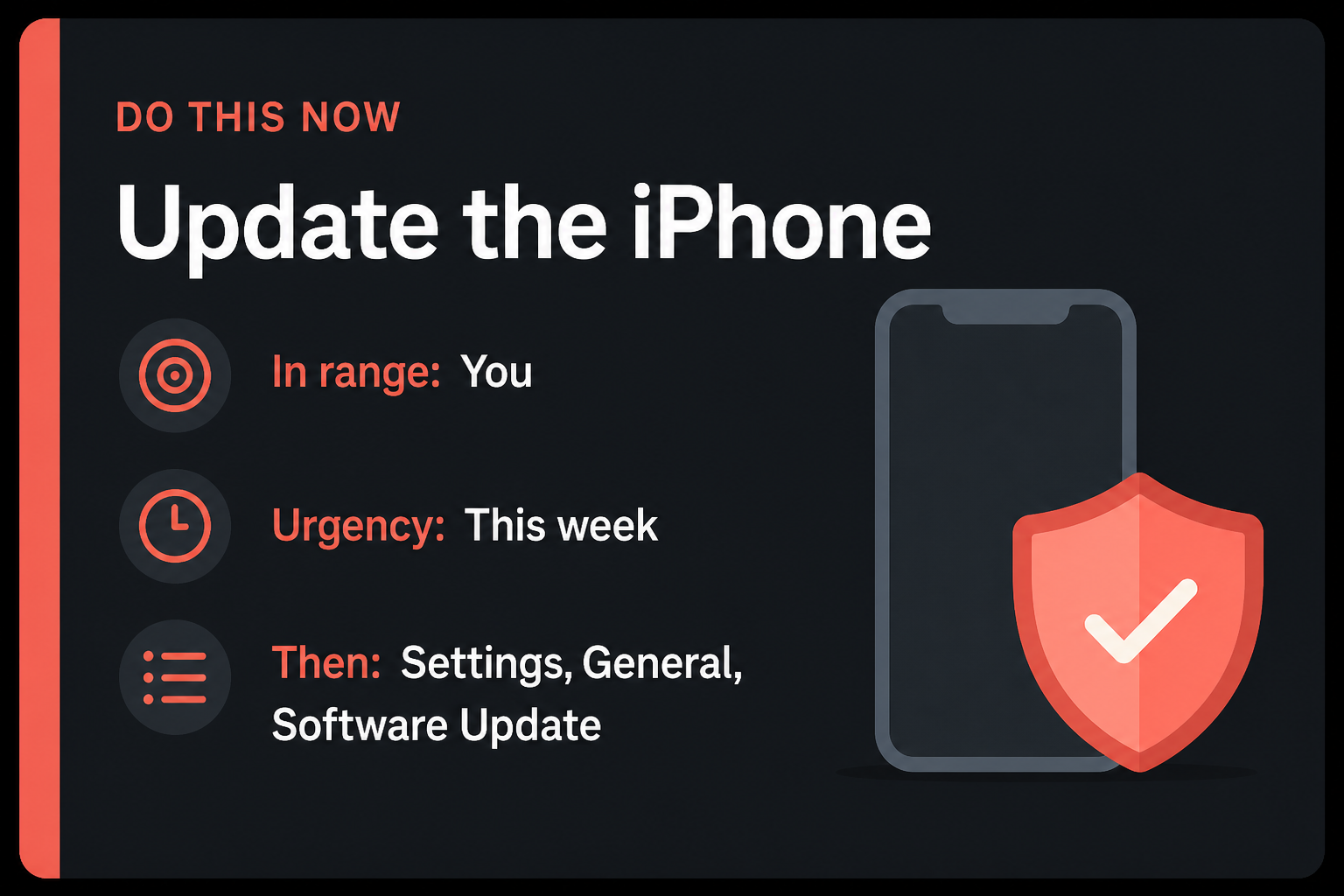 An image can run code on your iPhone. Install 26.6.1 2 Do This Now card: Update the iPhone, in range You, urgency This week, then Software Update