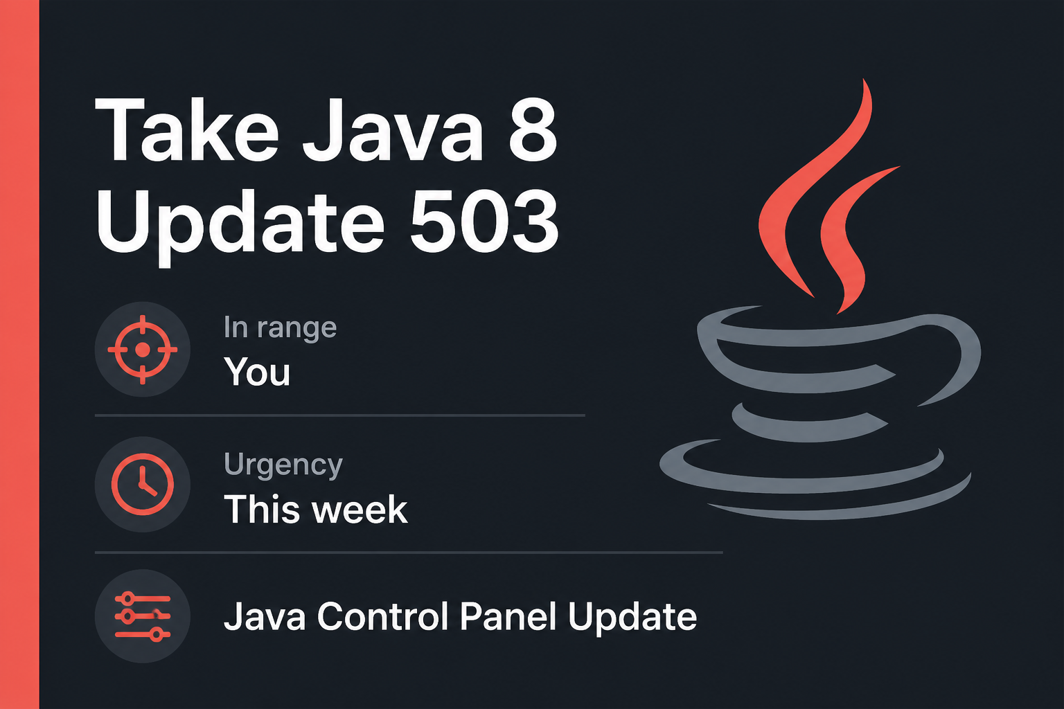 Java 8 still needs Update 503 2 Do This Now card: Take Java 8 Update 503, in range You, urgency This week, then Java Control Panel Update