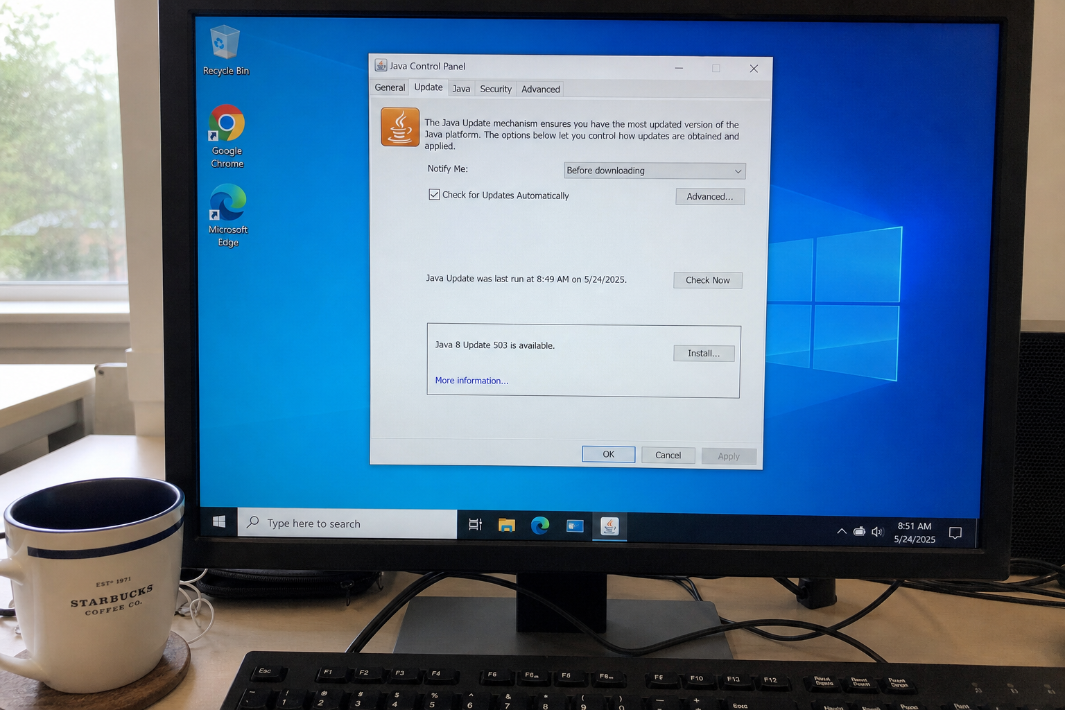 Java 8 still needs Update 503 1 Java Control Panel Update tab showing Java 8 Update 503 is available