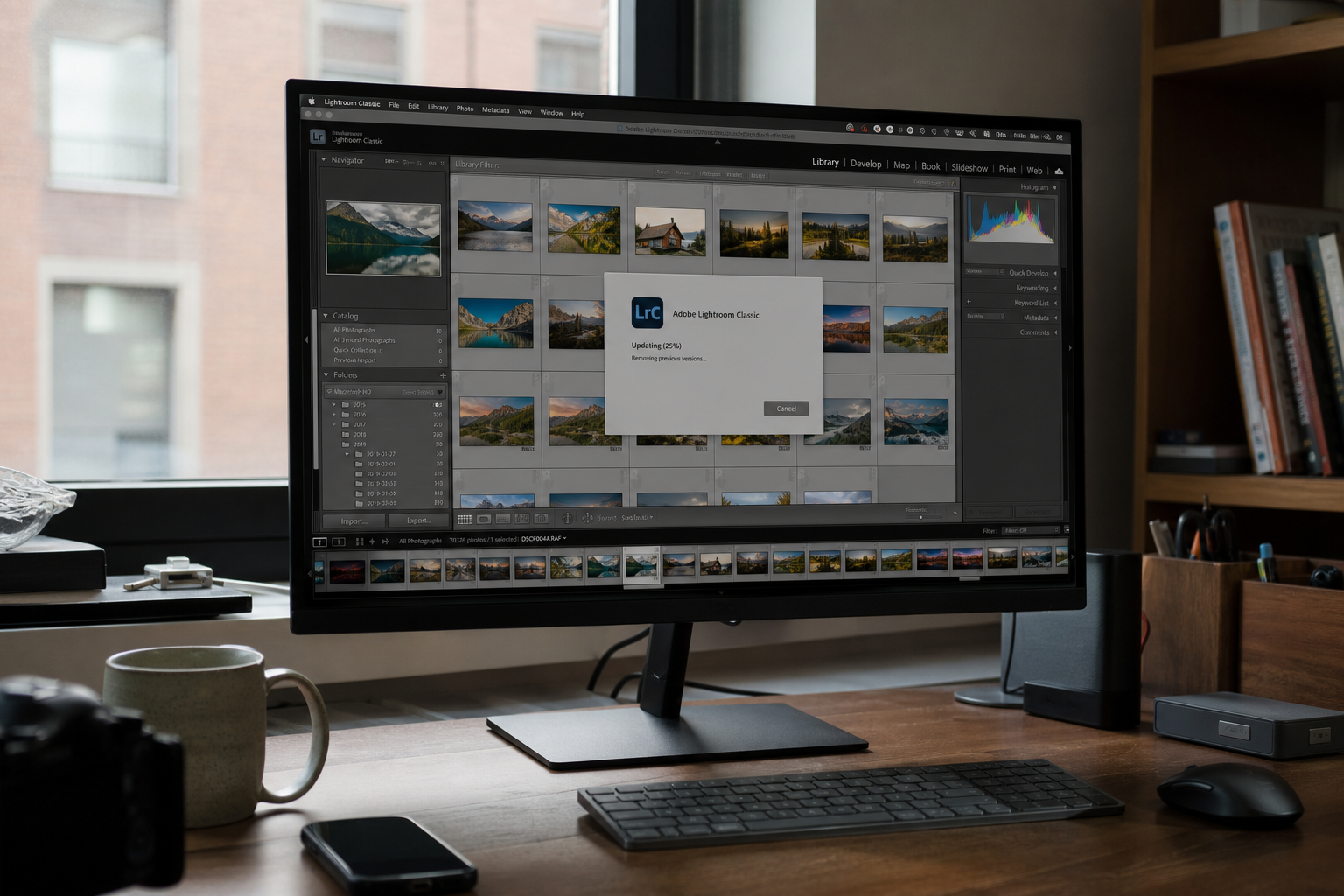 A Lightroom file can run code. Update Classic to 15.5 1 Lightroom Classic showing an Updating dialog on a photographer's desk next to a camera, mug, and keyboard