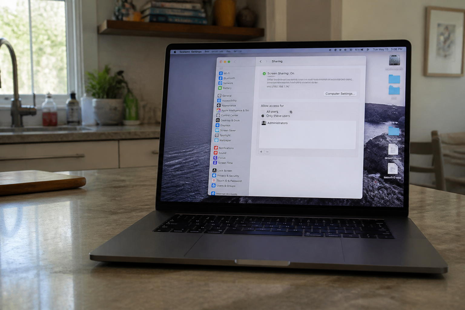 Someone on the Wi-Fi can sit at your Mac. Patch Screen Sharing 1 MacBook with Screen Sharing turned On in System Settings