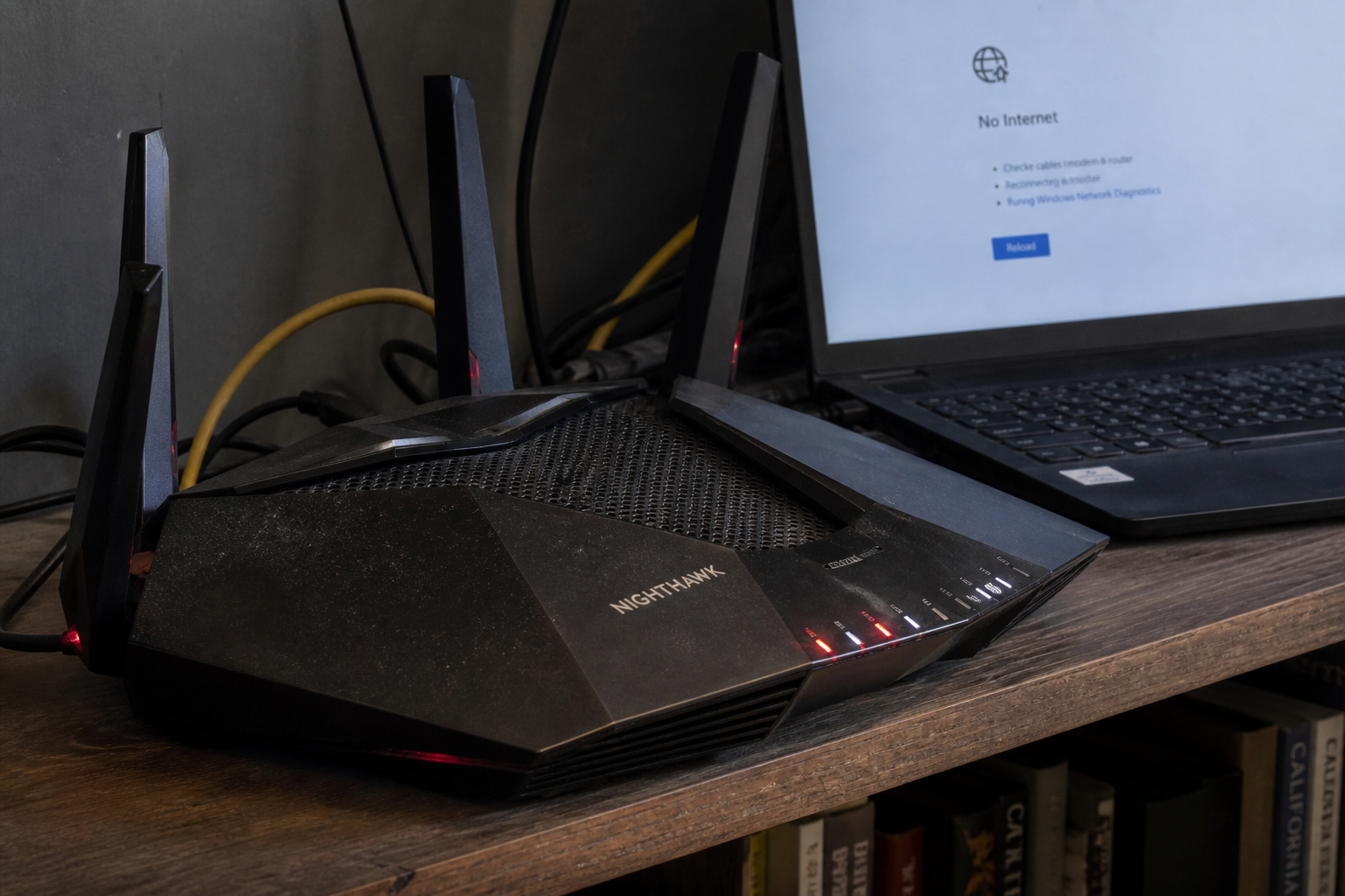 Your Nighthawk will take a command from the next room until you update it 1 NETGEAR Nighthawk router on a shelf with a laptop showing No Internet