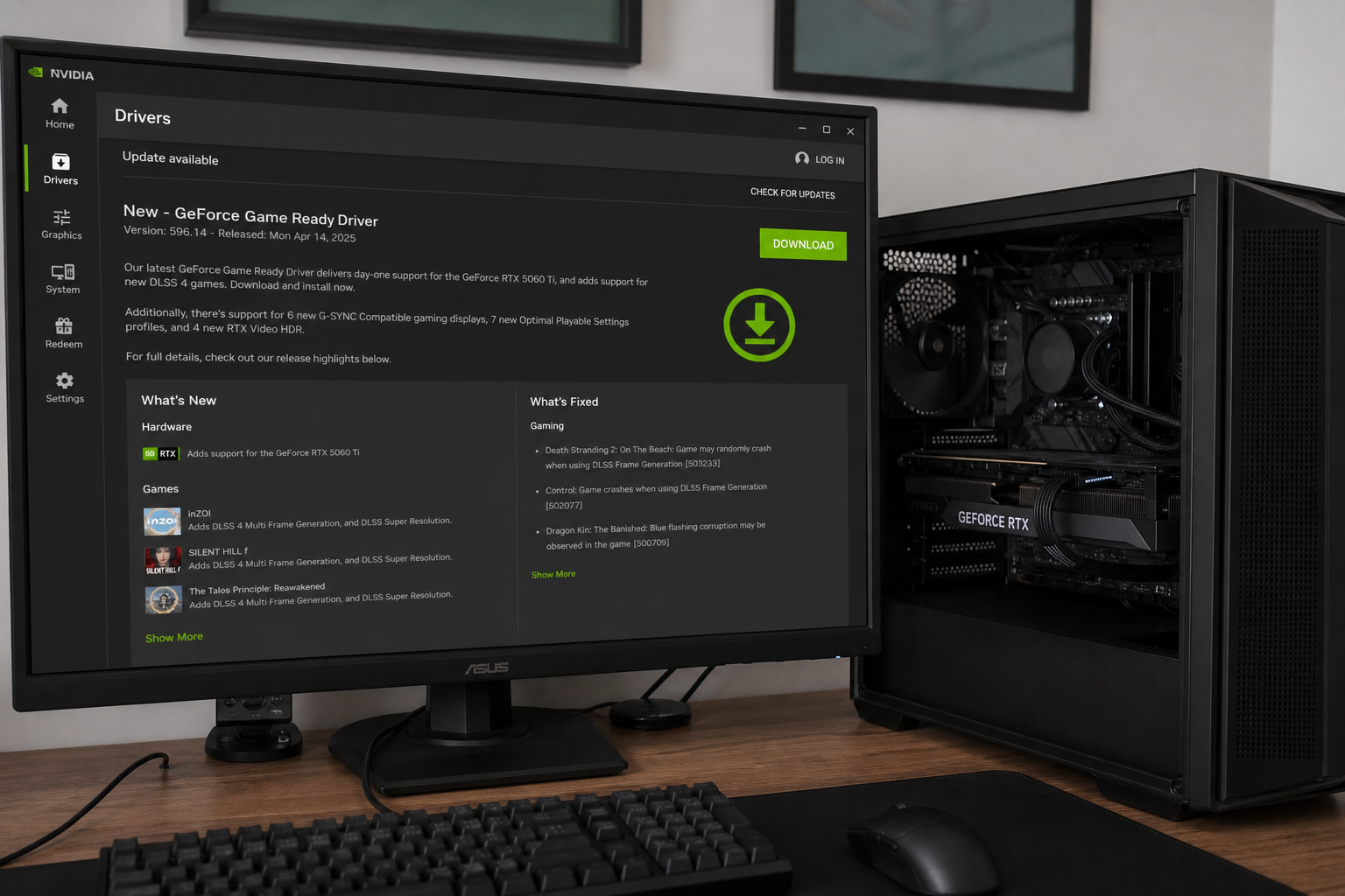 Your GeForce driver can raise privileges. Install 596.36 1 NVIDIA App open on Drivers next to a desktop PC with a GeForce RTX card