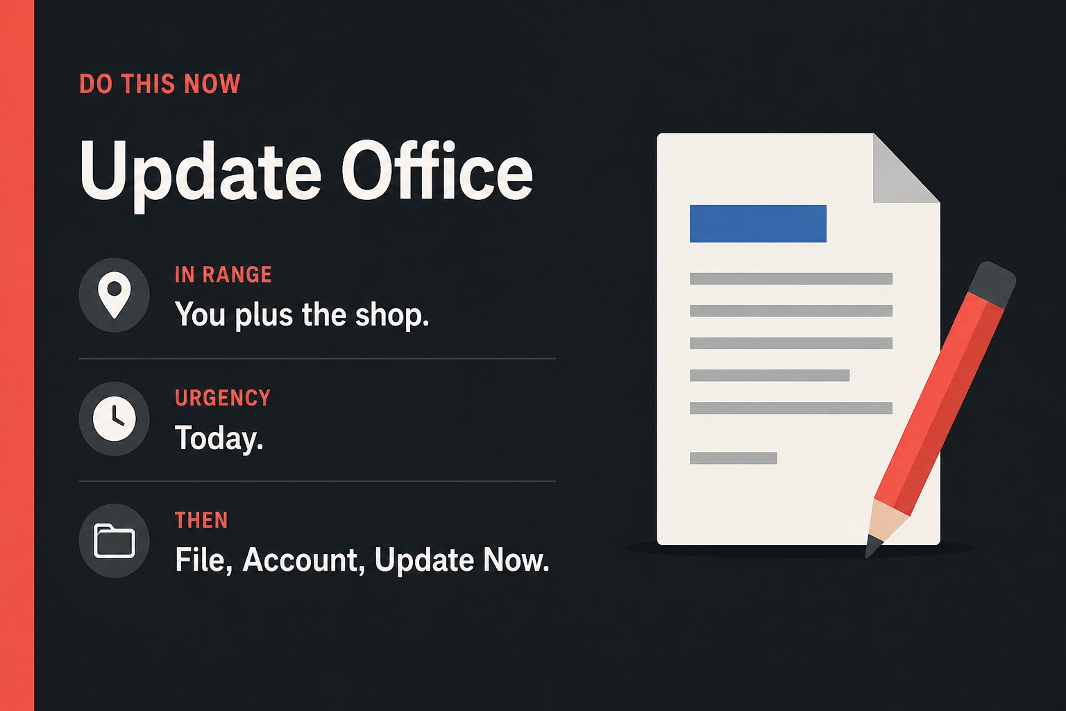 A Word file can own the PC. Update Office to 2607 2 Do This Now card: Update Office, in range You plus the shop, urgency Today, then File Account Update Now