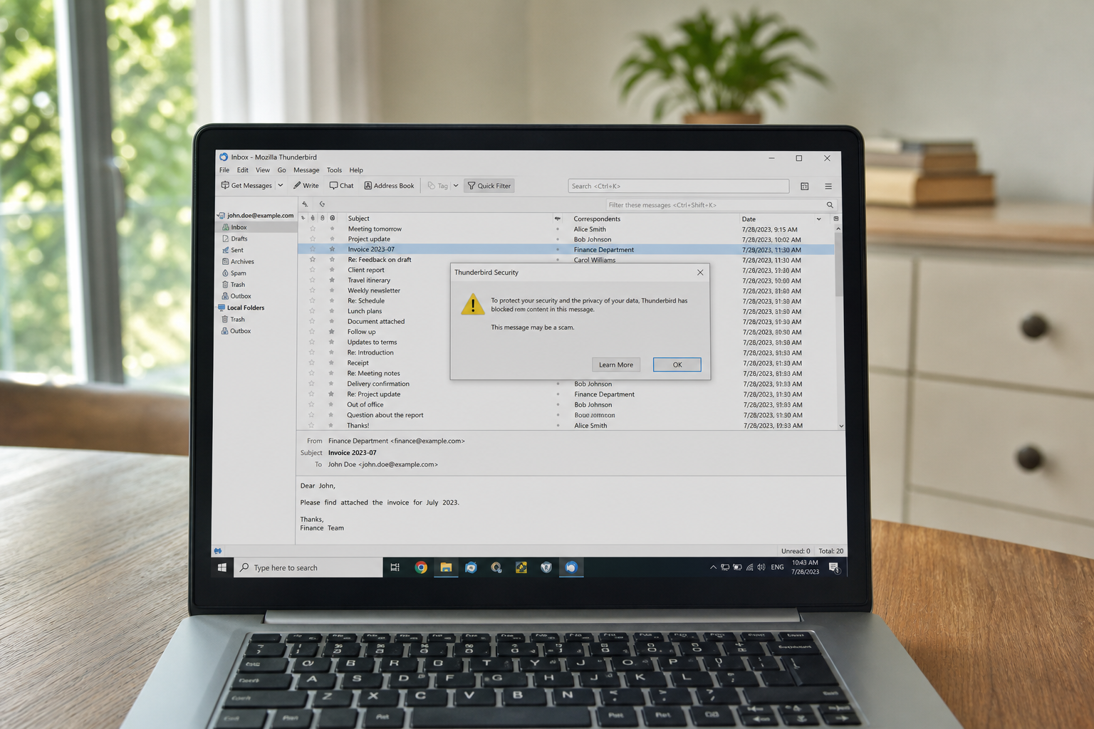 Thunderbird 154 closes the same sandbox hole as Firefox 1 Thunderbird inbox with a scam warning over a fake Finance Department invoice