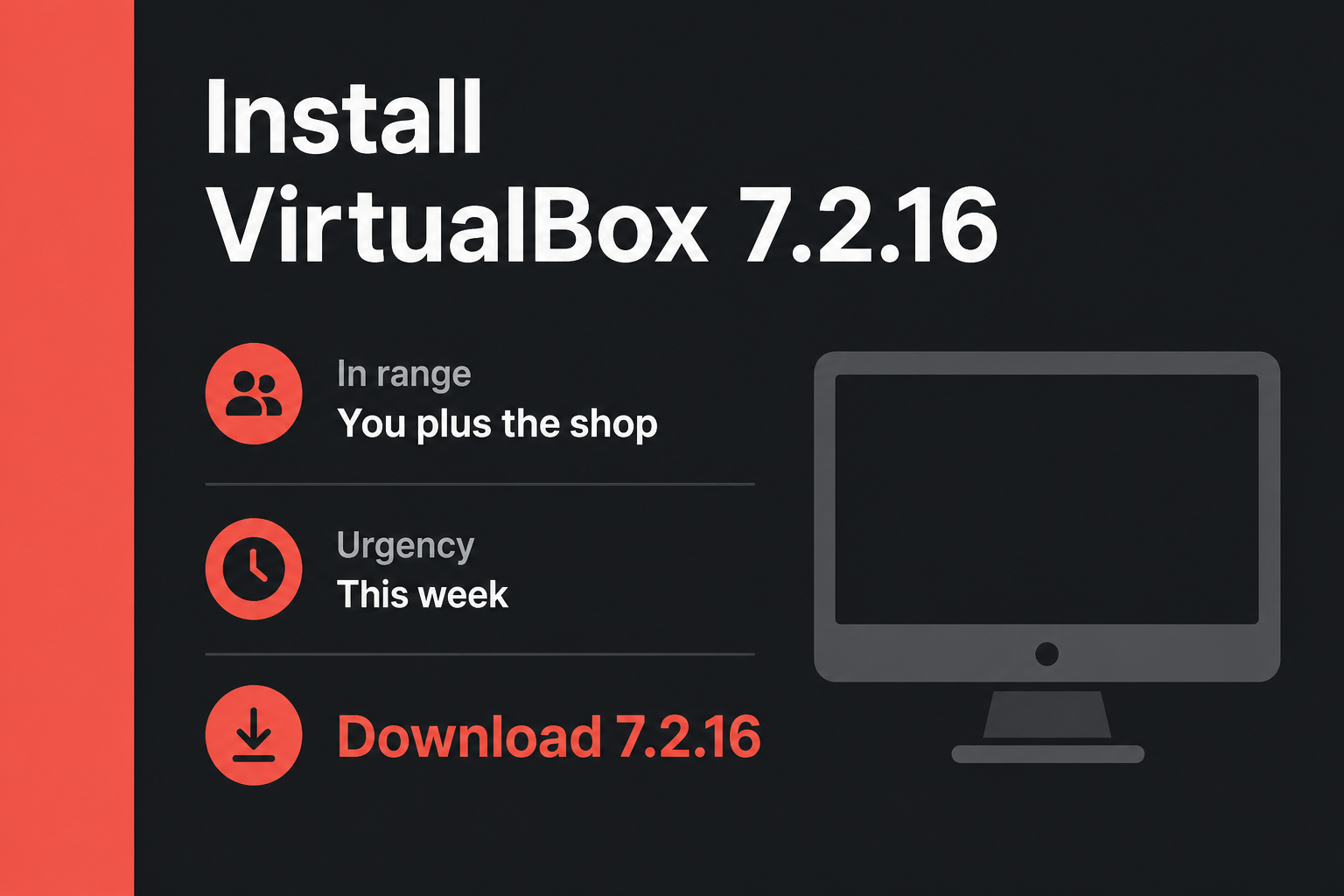 VirtualBox 7.2.14 is in the August Oracle patch. Take 7.2.16 2 Do This Now card: Install VirtualBox 7.2.16, in range You plus the shop, urgency This week, then Download 7.2.16