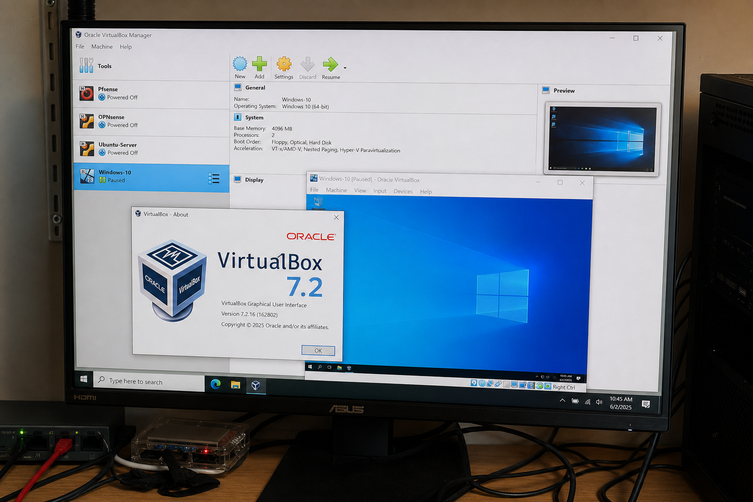 VirtualBox 7.2.14 is in the August Oracle patch. Take 7.2.16 1 Oracle VirtualBox Manager About dialog showing VirtualBox Graphical User Interface Version 7.2.16 on a Windows host