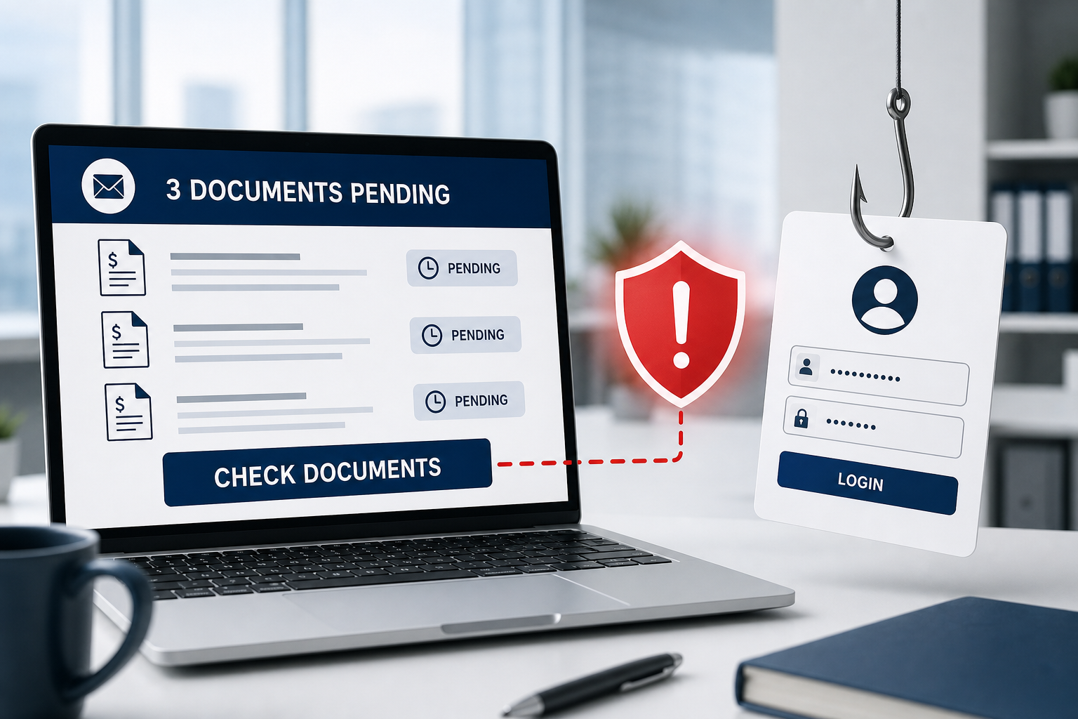 Documents Waiting for Approval Email Scam: How the Fake Portal Steals Your Password 1 Fake document approval email opening a counterfeit provider login page