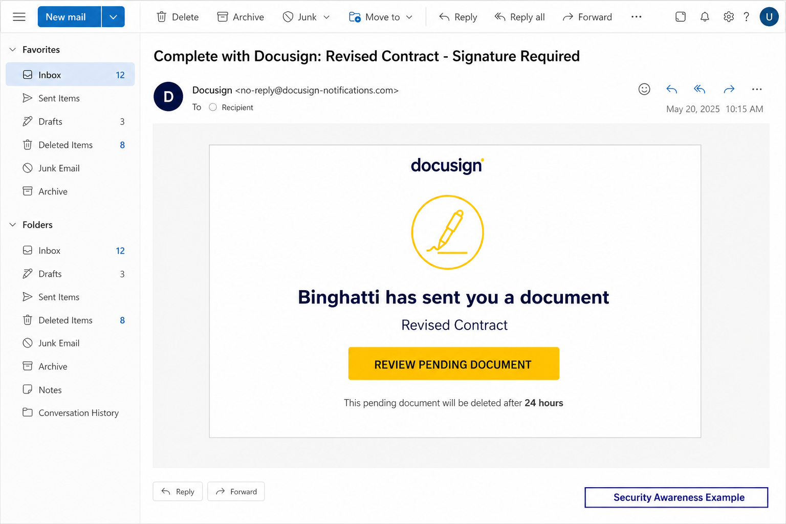 Reconstruction of a fake DocuSign revised contract approval email
