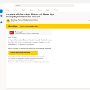 Outlook view of a DocuSign Payment Authorization Notice email with a Review and Authorize Payment button