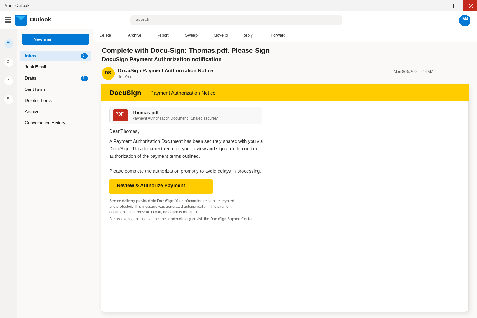DocuSign Payment Authorization Email EXPOSED: Fake Sign Buttons Steal Logins 1 Outlook view of a DocuSign Payment Authorization Notice email with a Review and Authorize Payment button