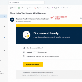Fake document added to your account email with an Open Document button and suspicious sender domain