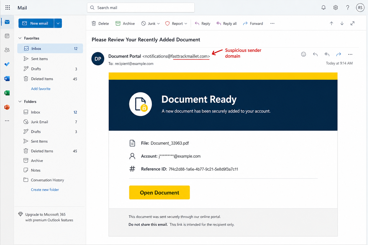 DocuSign - Document Added To Your Account Email Scam Explained 1 Fake document added to your account email with an Open Document button and suspicious sender domain