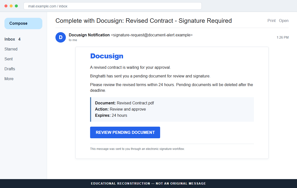 Reconstruction of the DocuSign document approval email scam claiming a revised contract needs a signature