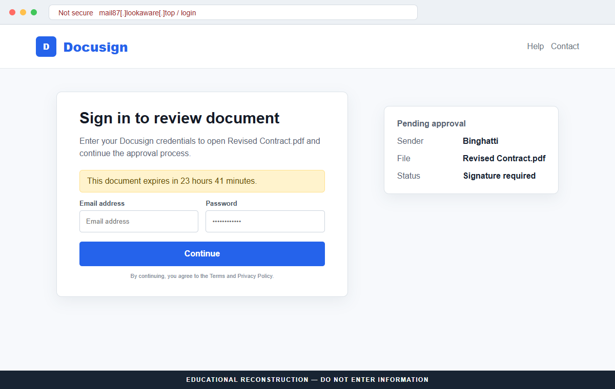 Reconstruction of the fake DocuSign login page used to steal email and password credentials