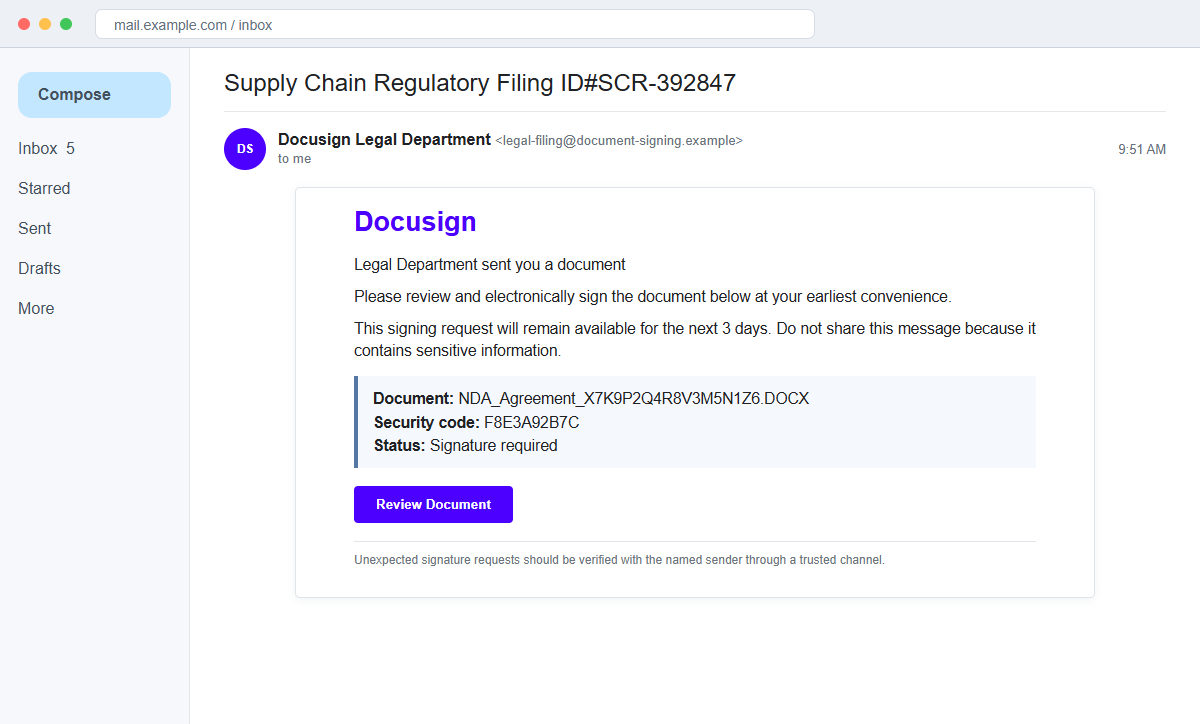 Reconstruction of a fake Docusign Legal Department electronic signature request