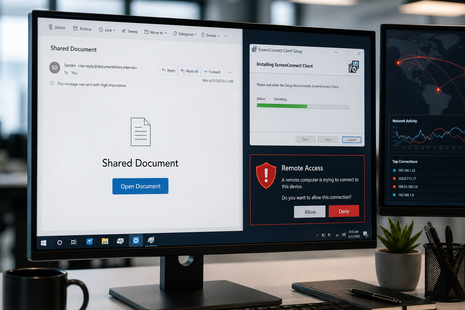 Fake DocuSign shared document email downloading a trojanized ScreenConnect remote access installer