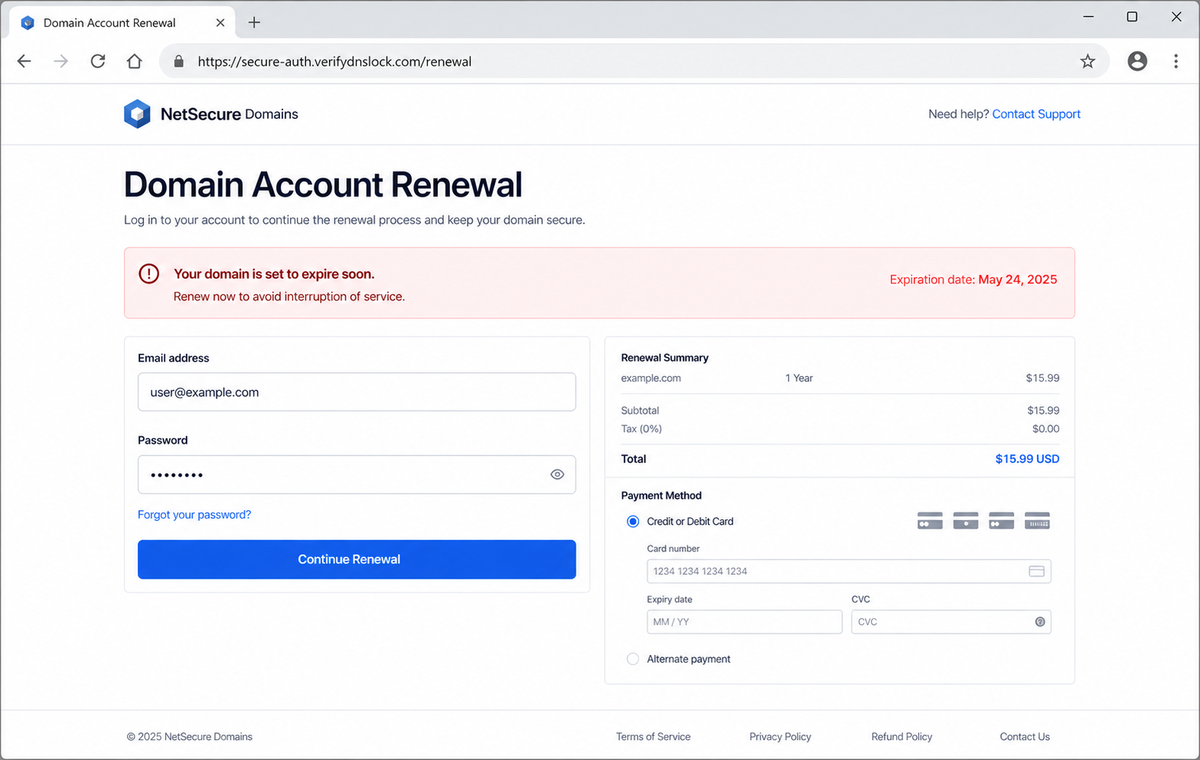 Domain Account Service Expiration Email Scam Can Steal Your Login and Card 2 Realistic reconstruction of the fake domain renewal login and payment page