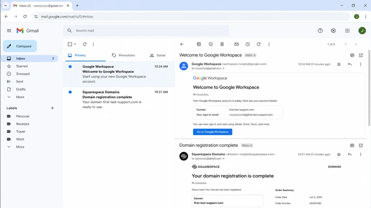 Realistic reconstruction of Google Workspace and Squarespace domain registration emails sent after unauthorized account creation