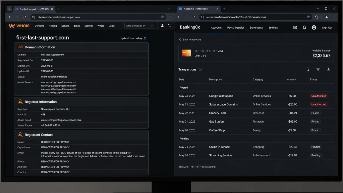 Realistic reconstruction of a recent domain record beside unauthorized Google Workspace and Squarespace card charges