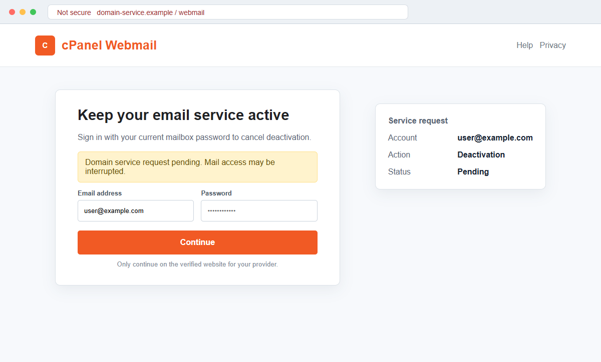 Reconstruction of a fake cPanel Webmail login used by a domain deactivation phishing campaign
