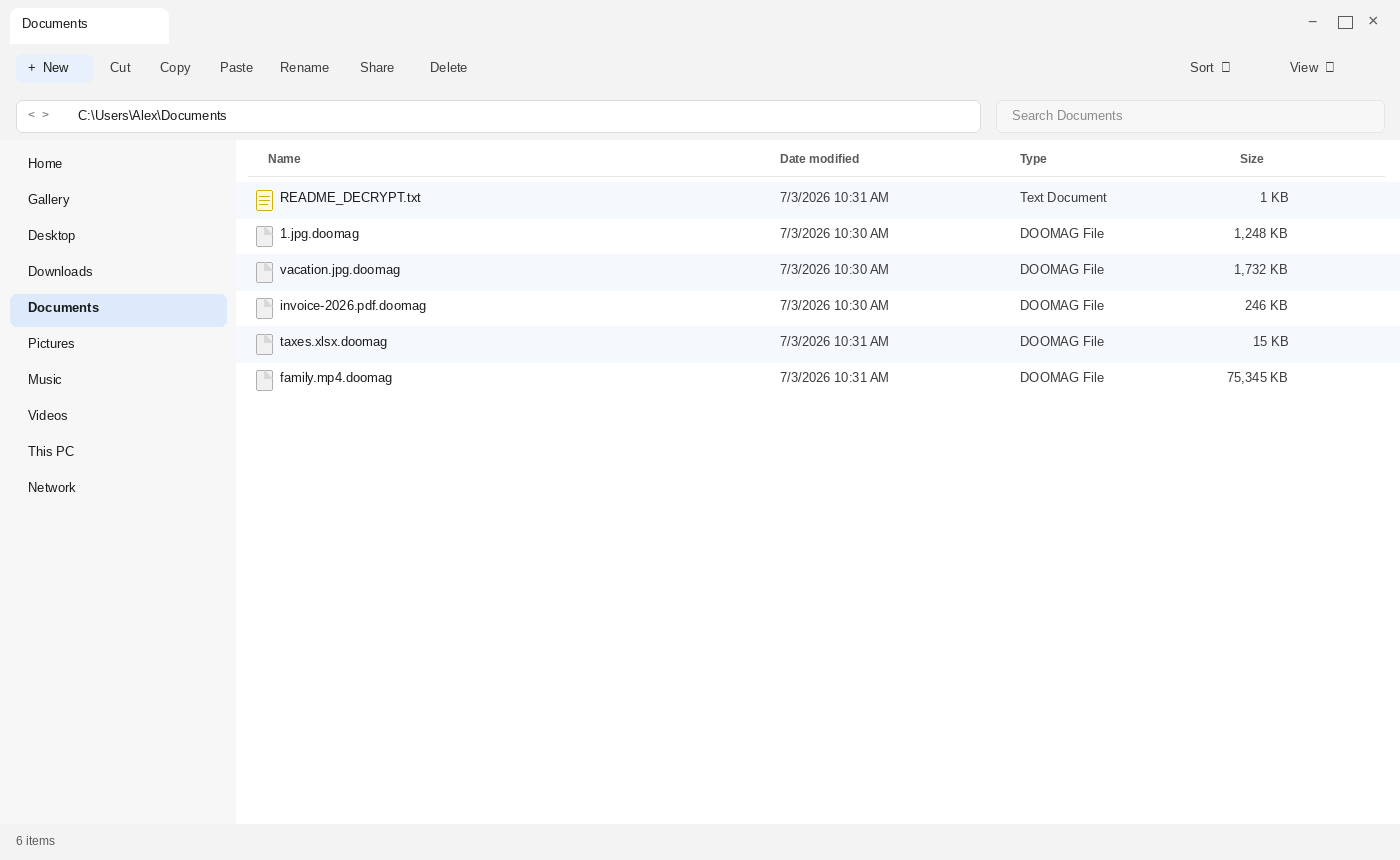Encrypted files after Doommageddon. The .doomag names and README_DECRYPT.txt are the tell.
