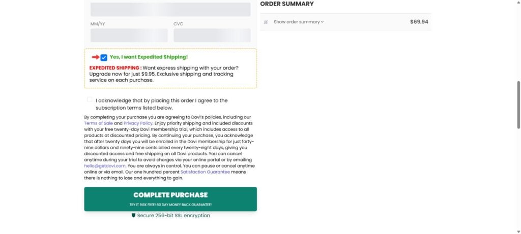 Dovi checkout disclosing a $49.99 membership charge every 28 days after a 20-day trial