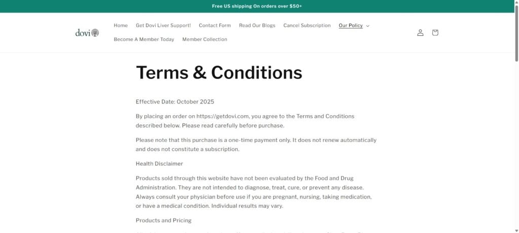Dovi Terms and Conditions saying purchases are one-time and do not constitute subscriptions