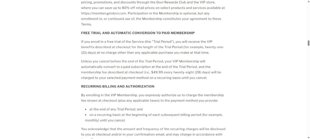 Dovi Terms of Sale disclosing a $49.99 recurring membership every 28 days