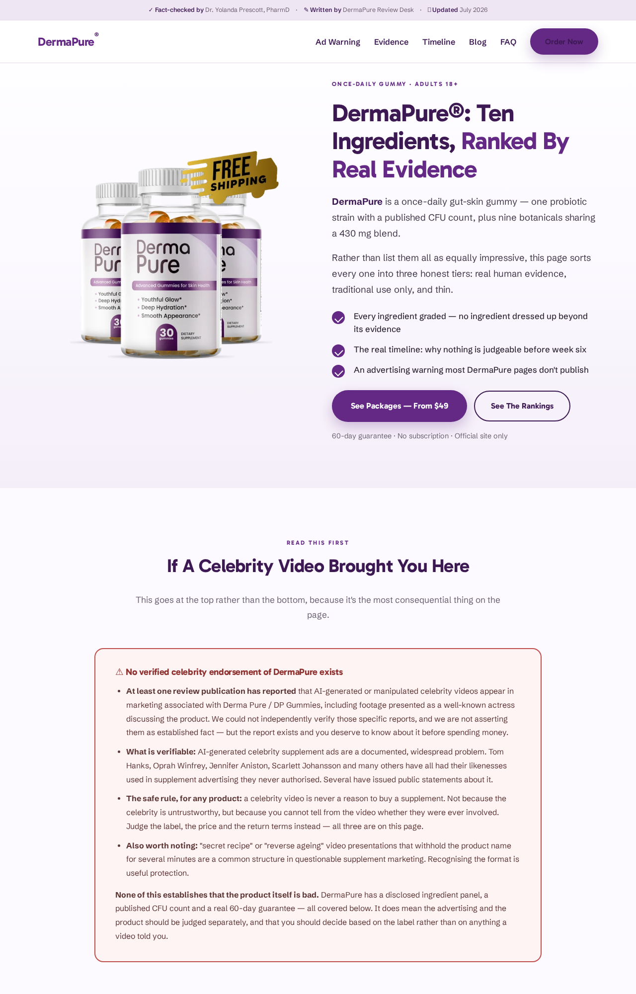 Derma Pure page linking DP Gummies marketing to the same gut-skin and fake celebrity advertising ecosystem