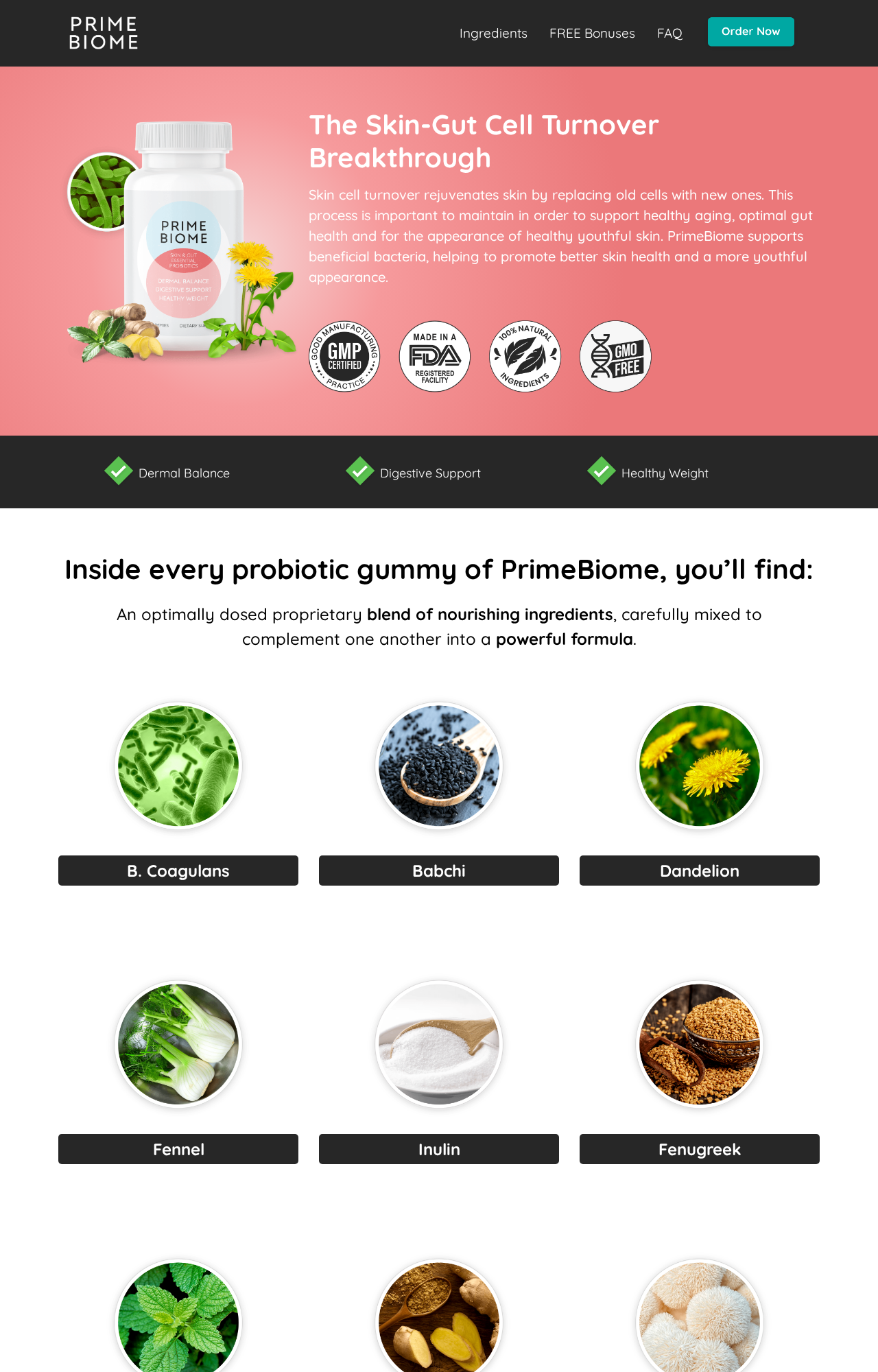 PrimeBiome supplement page reached from the related Derma Pure order path instead of a DP Gummies checkout
