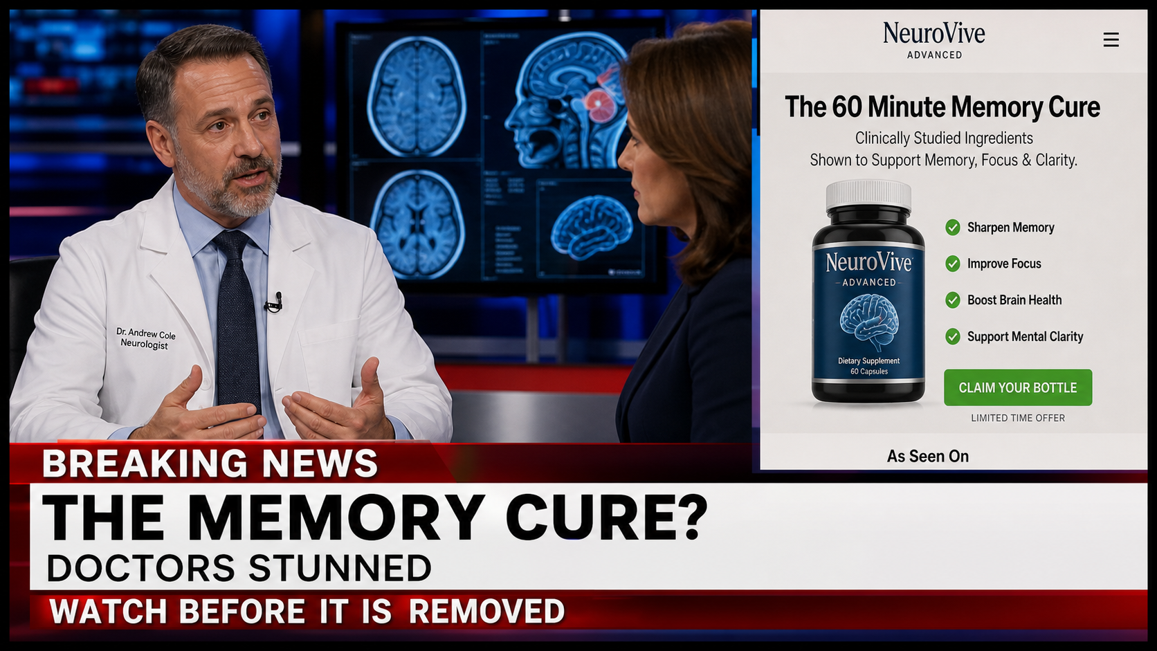 Dr Peter Attia Memory Cure Scam: Fake “60 Minutes” Ad 1 Reconstruction of a fake television memory cure ad using a fictional doctor and supplement