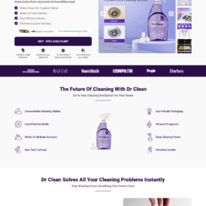 Dr Clean Spray sales page claiming instant stain removal, use on every surface, and a 65% discount