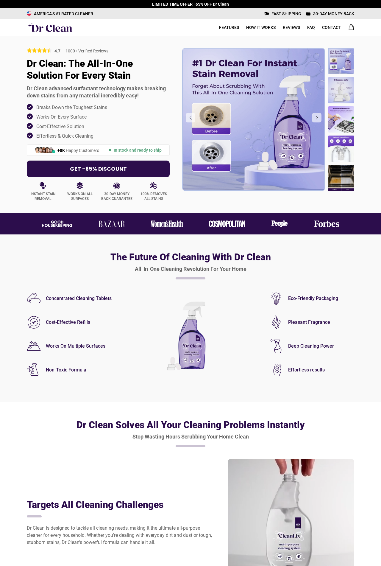 Dr Clean Spray sales page claiming instant stain removal, use on every surface, and a 65% discount