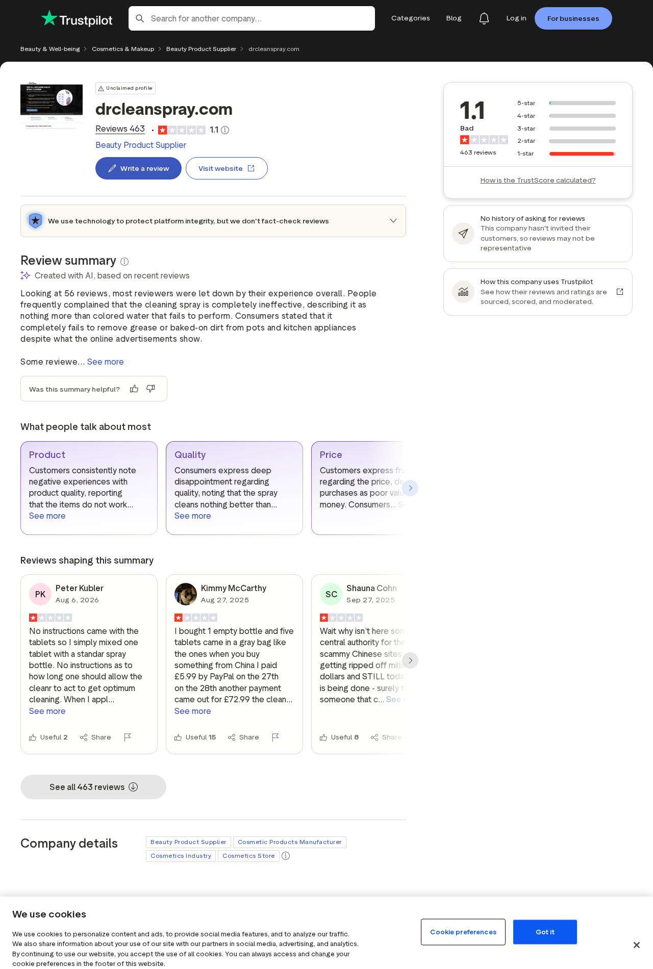Dr Clean Spray Trustpilot page showing a 1.1 out of 5 score and hundreds of customer reviews