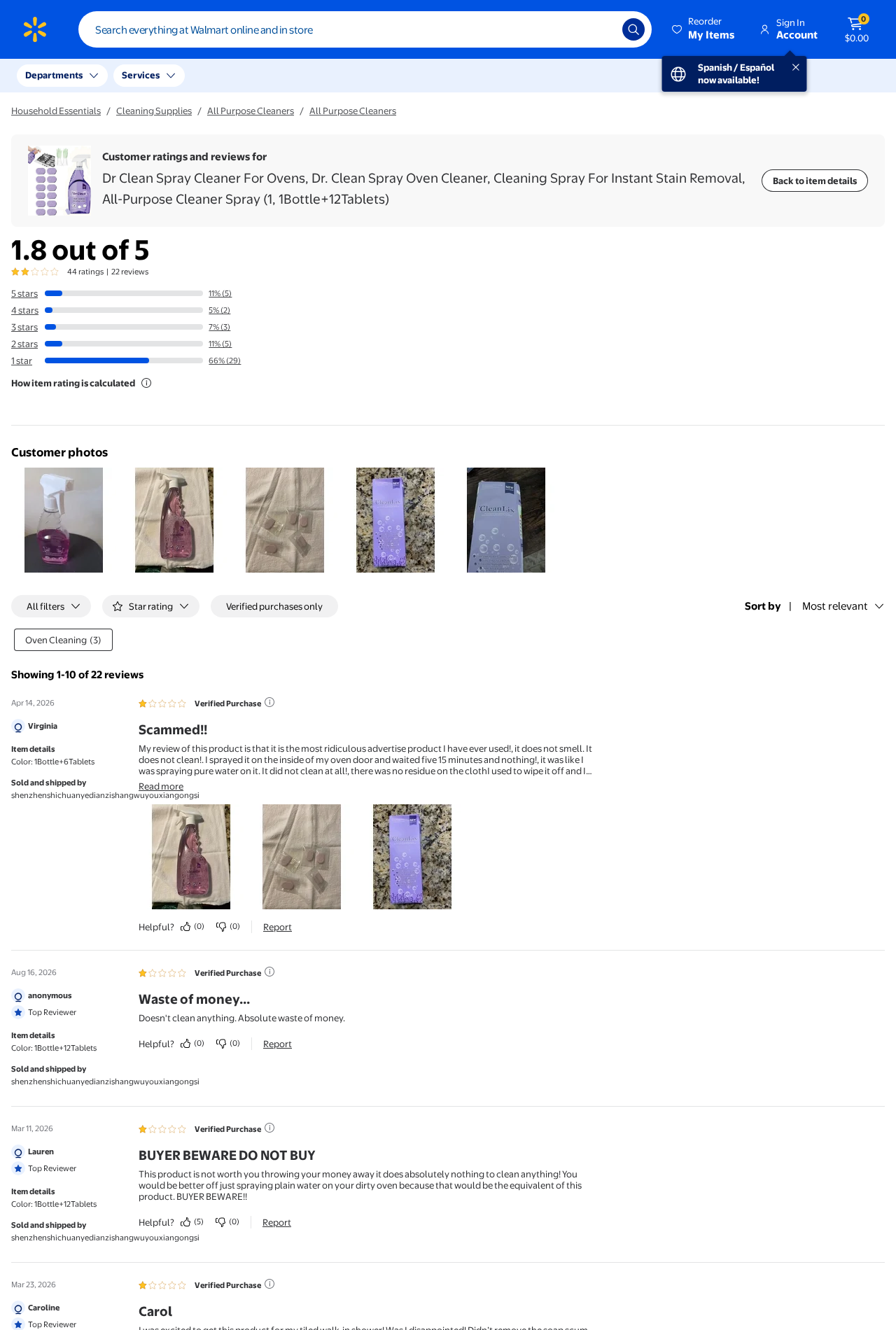 Walmart marketplace listing for Dr Clean Spray showing a low rating and critical customer reviews