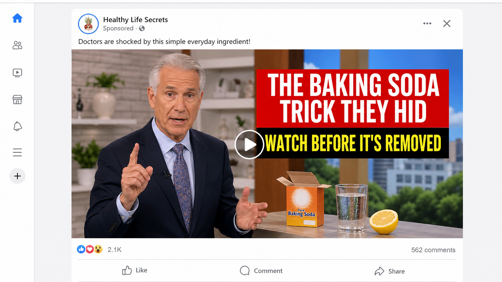 Realistic reconstruction of a deceptive social media ad promoting a hidden baking soda trick
