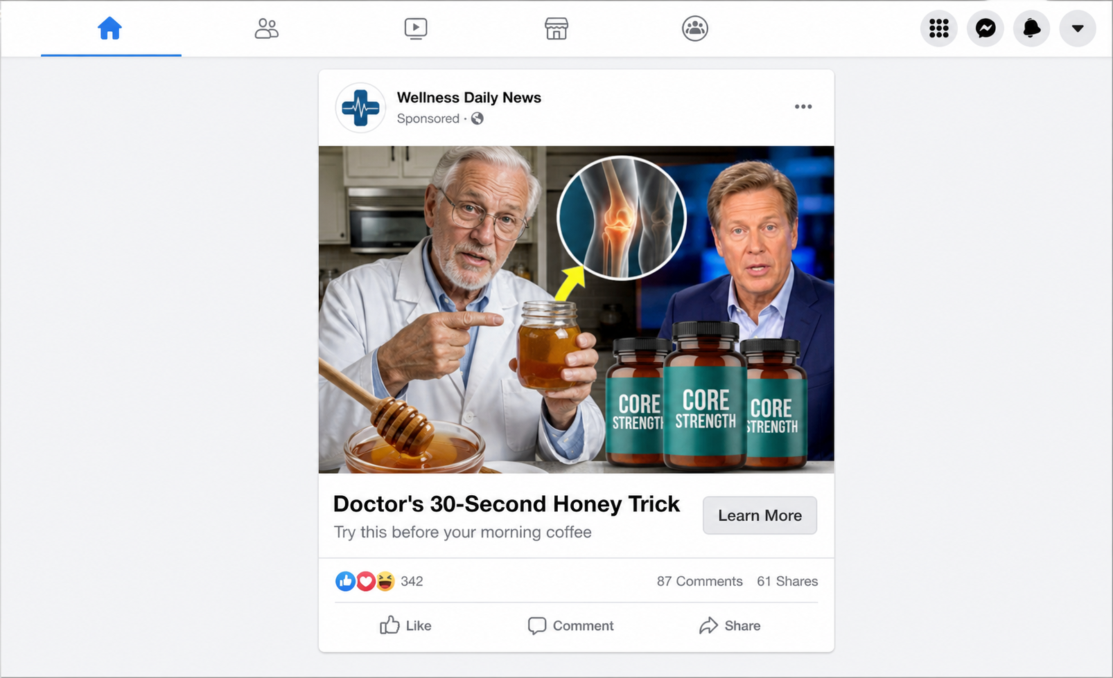 Beware the Dr. Paul Cox Honey Recipe Scam - Fake Joint Pain Cure Ads and Subscription Pills 2 Facebook-style sponsored ad promoting a fake doctor honey trick and Core Strength supplement