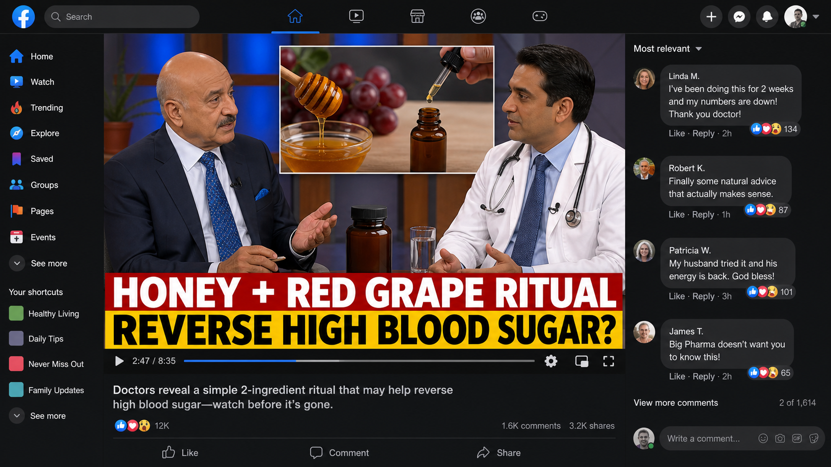 Reconstruction of a fake Dr. Phil honey and red grape diabetes ad using fictional people