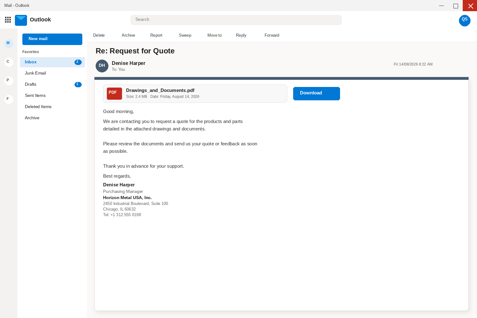 Drawings and Documents email warning screenshot