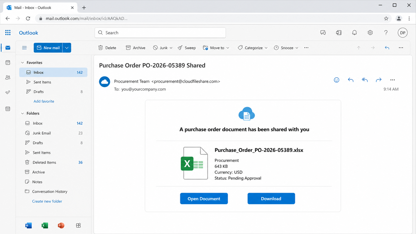 Reconstructed Dropbox Purchase Order phishing email