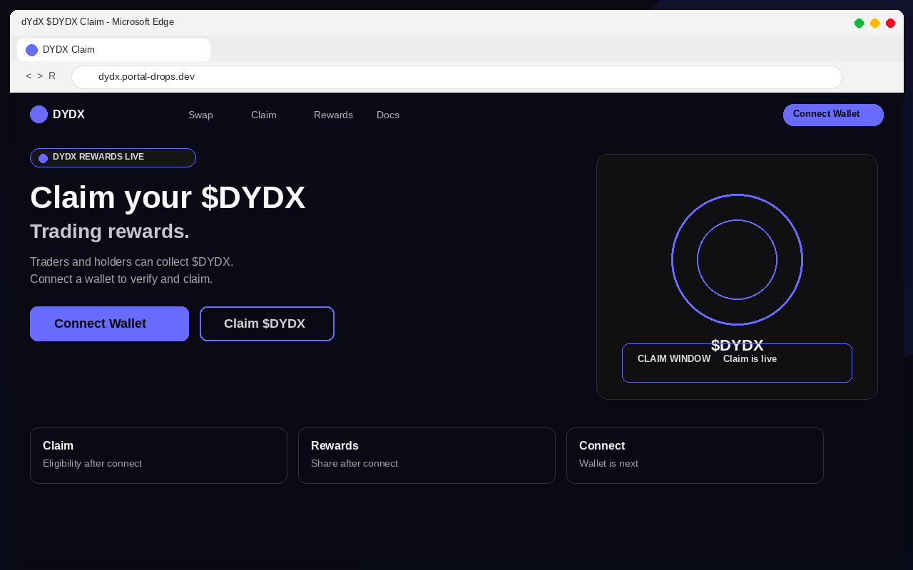 Fake dYdX $DYDX airdrop claim page with Connect Wallet