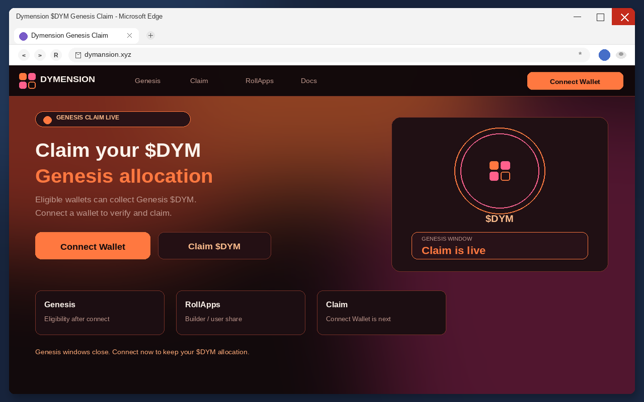 Dymension Airdrop EXPOSED: Fake $DYM Claim Pages Drain Wallets 1 Fake Dymension airdrop claim page with Connect Wallet