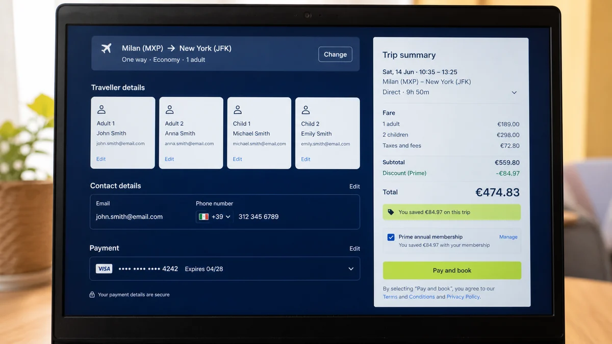 Realistic reconstruction of an eDreams Prime booking checkout showing a discounted fare and annual membership selection